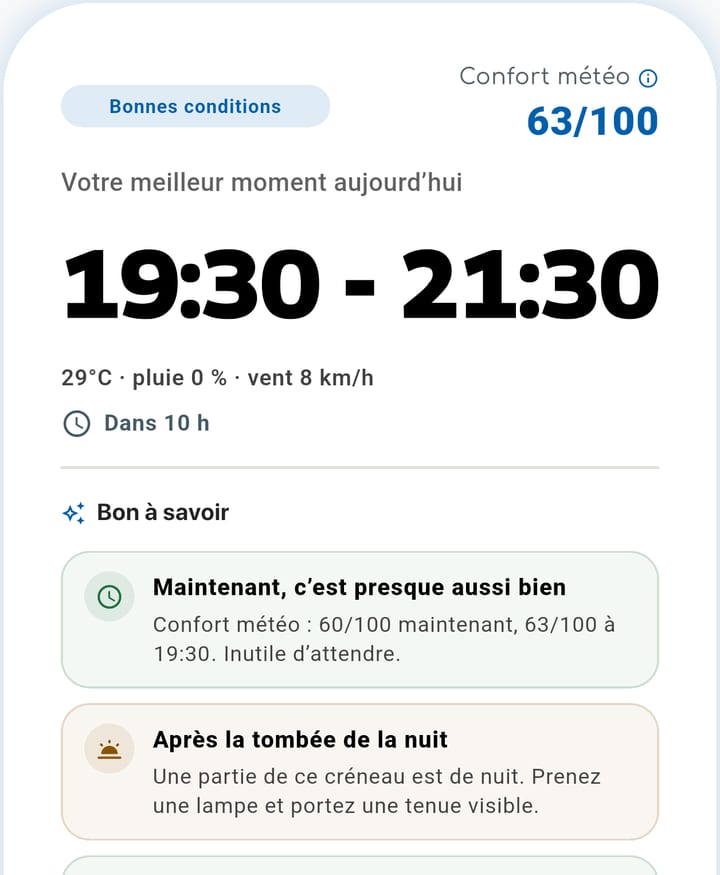 Carte du meilleur moment WalkiNova : de 21:00 à 23:00, 28 °C, 0 % de pluie, vent 8 km/h