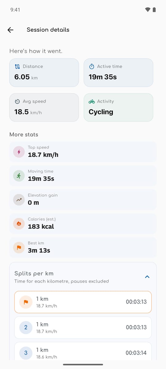 WalkiNova session details for a 6.05 km ride: active time 19m 35s, average speed 18.5 km/h, top speed and best km