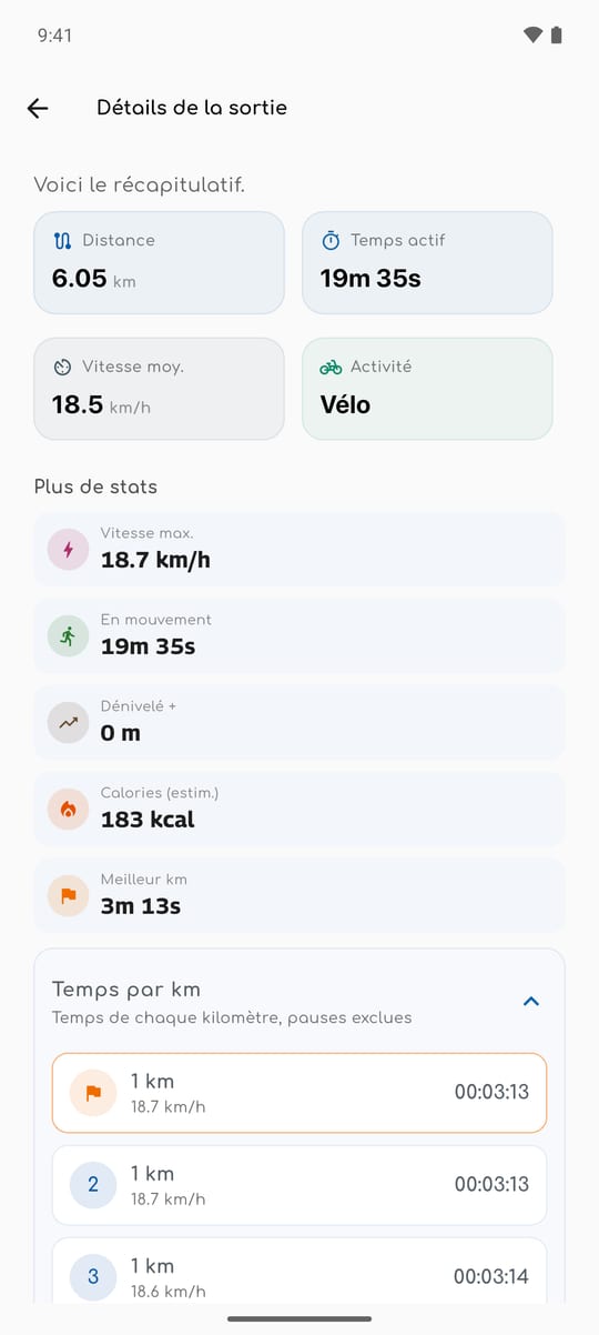 Détails d’une sortie à vélo dans WalkiNova : distance, temps actif, vitesse moyenne et vitesse max.