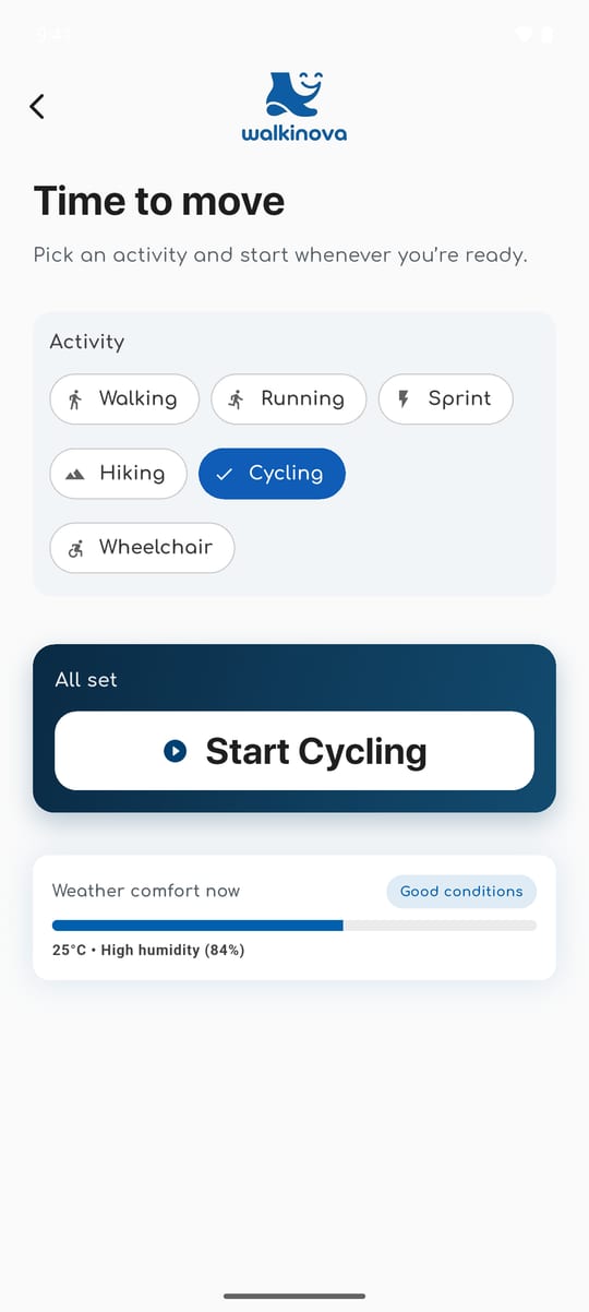 WalkiNova activity picker with walking, running, sprint, hiking, cycling and wheelchair, and a Start Cycling button