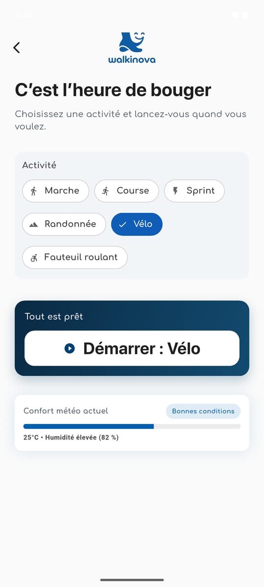 Écran WalkiNova pour choisir une activité et démarrer