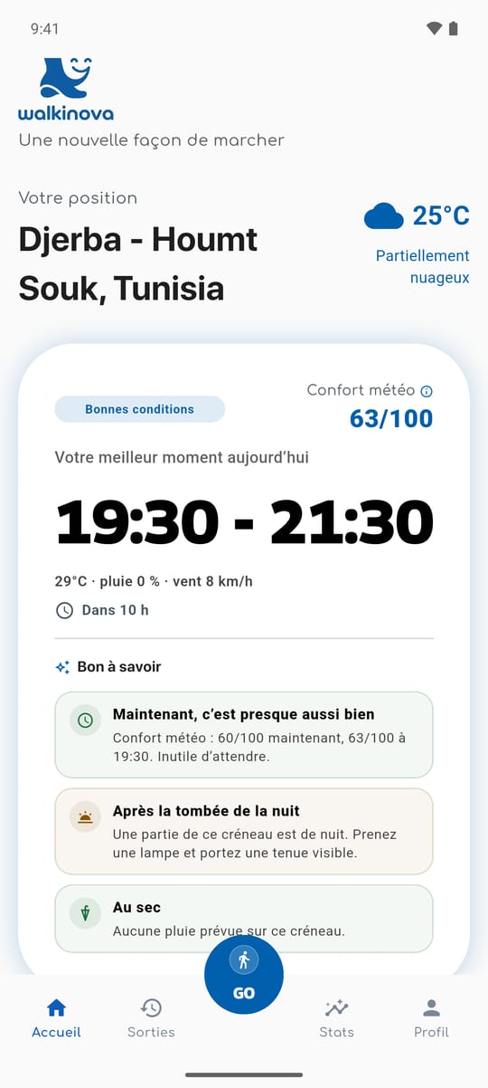 Écran d’accueil WalkiNova : votre meilleur moment aujourd’hui, de 21:00 à 23:00, confort météo 66/100, avec des conseils pour la nuit et la pluie