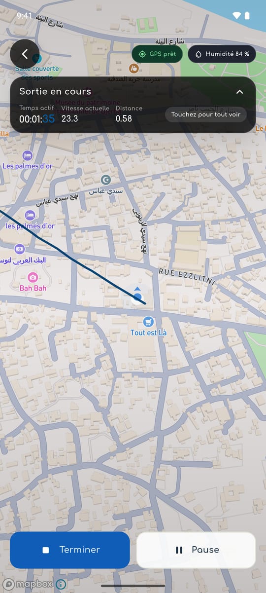 Sortie WalkiNova en direct sur une carte, avec le tracé, le temps actif, la vitesse et la distance