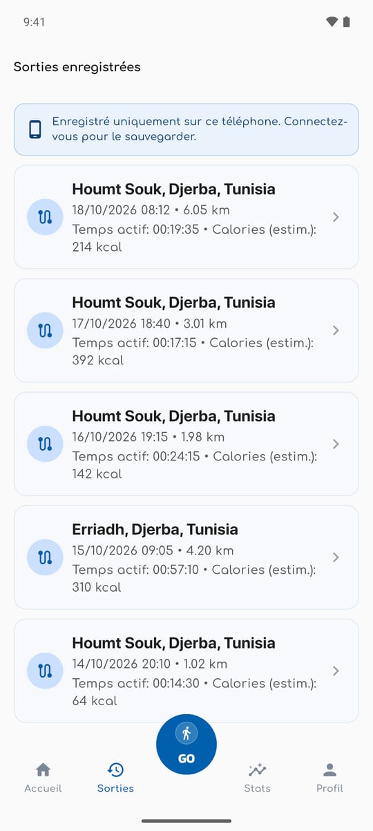 Liste des sorties enregistrées dans WalkiNova, avec distance, temps actif et calories estimées