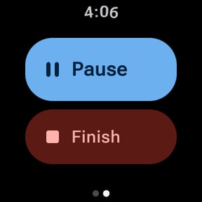 WalkiNova watch controls: a large Pause button and a Finish button