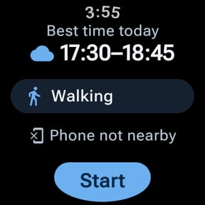 WalkiNova watch home: best time today 17:30–18:45, Walking, Phone not nearby, and a Start button