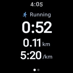 WalkiNova on a Wear OS watch during a run: 0:52 active time, 0.11 km, pace 5:20 per km
