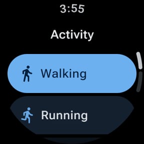 WalkiNova activity list on the watch with Walking and Running