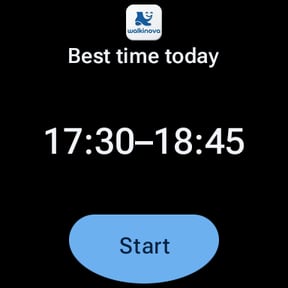 WalkiNova Tile on a Wear OS watch: best time today 17:30–18:45 with a Start button